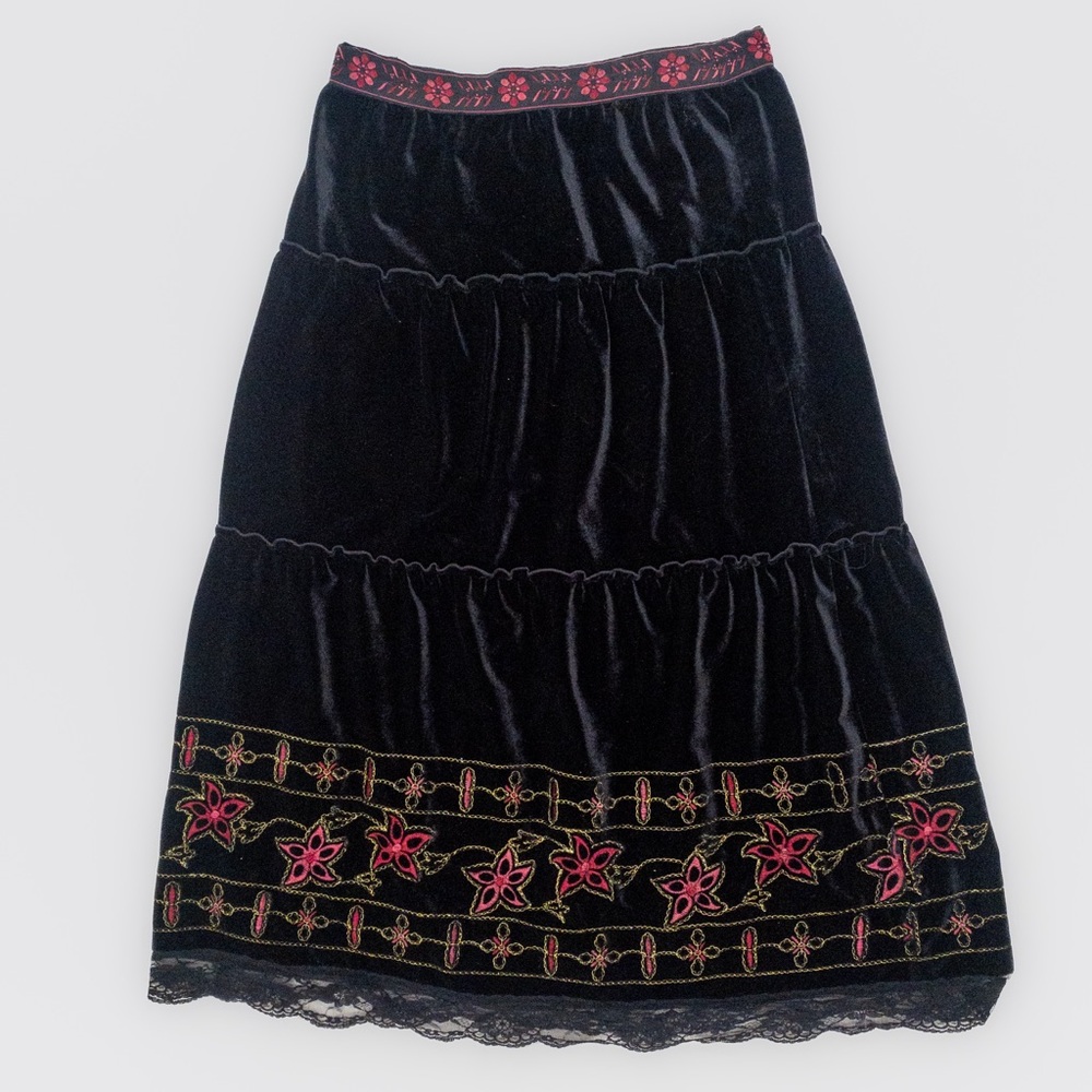 Vintage Embroidered Black Velvet Skirt